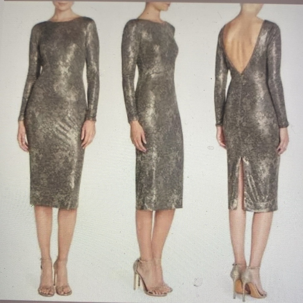 Dress the Population Gold and Gray Metallic Animal-Print Midi Dress